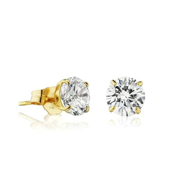1ct Round Created Diamond Solitaire Earrings 14K Yellow Gold Basket Studs 5mm - Picture 2 of 4